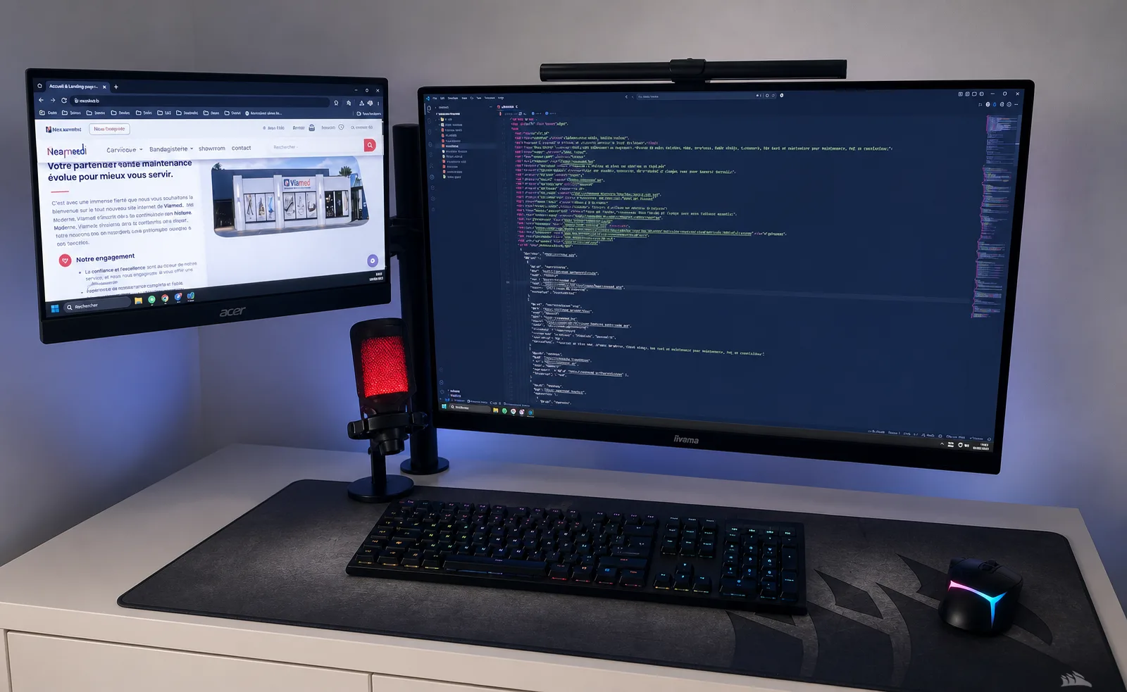 Espace de travail NexaWeb avec un site web et son code affichés sur deux écrans