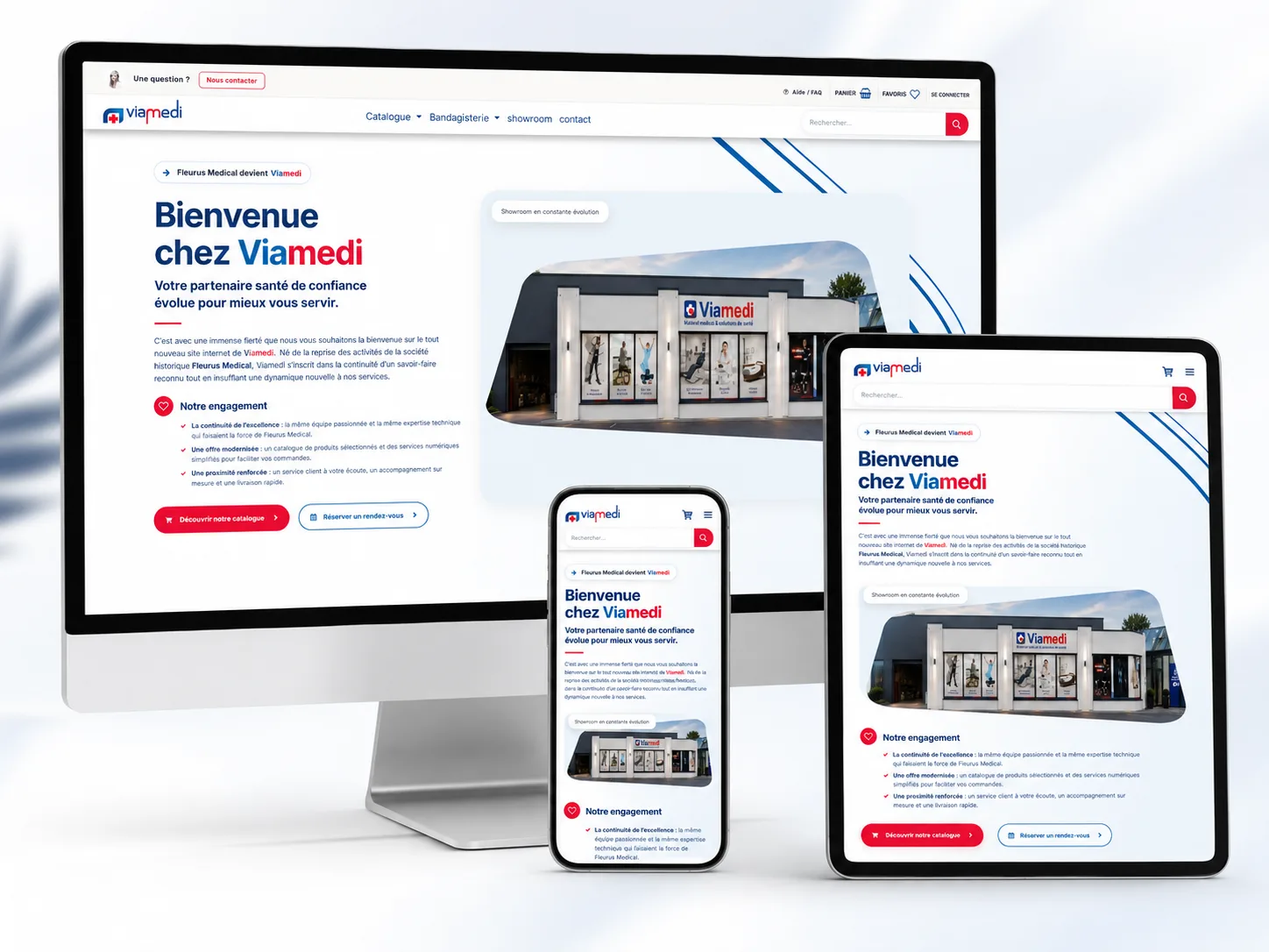 Mockup responsive du site Viamedi réalisé sous Odoo sur ordinateur, tablette et mobile