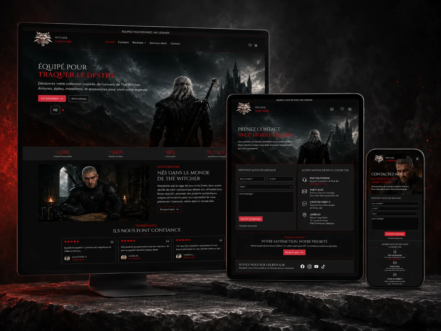Mockup complet du site The Witcher Gear Store sur ordinateur, tablette et mobile